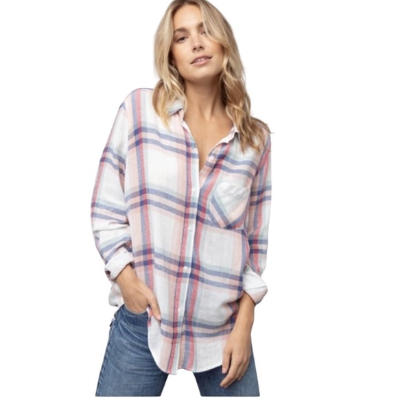 Rails Linen Blend Natalie White Melon Plaid Button Up Shirt Size S - Picture 1 of 14